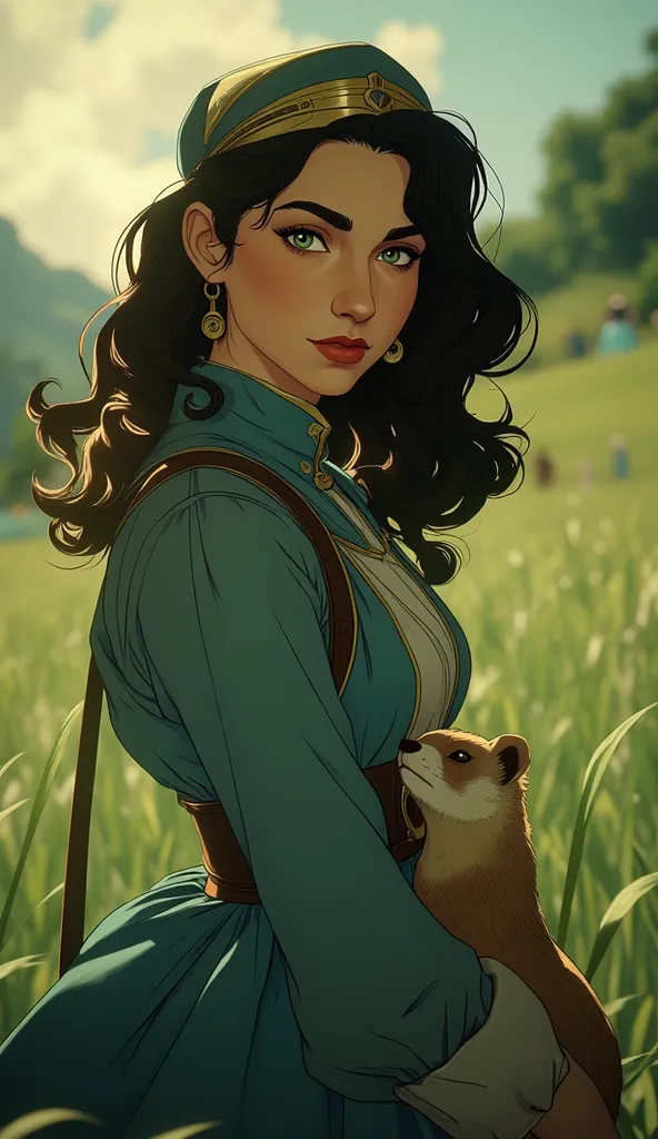 professional photo of Cascina Caradonna, CC woman, long hair, 4k, highly details, wearing blue Nausicaä of the Valley of the Wind outfit, deep depth of field, highly detailed, standing in a field of short grass with a ferret on her shoulder, d13s3lp2nk
