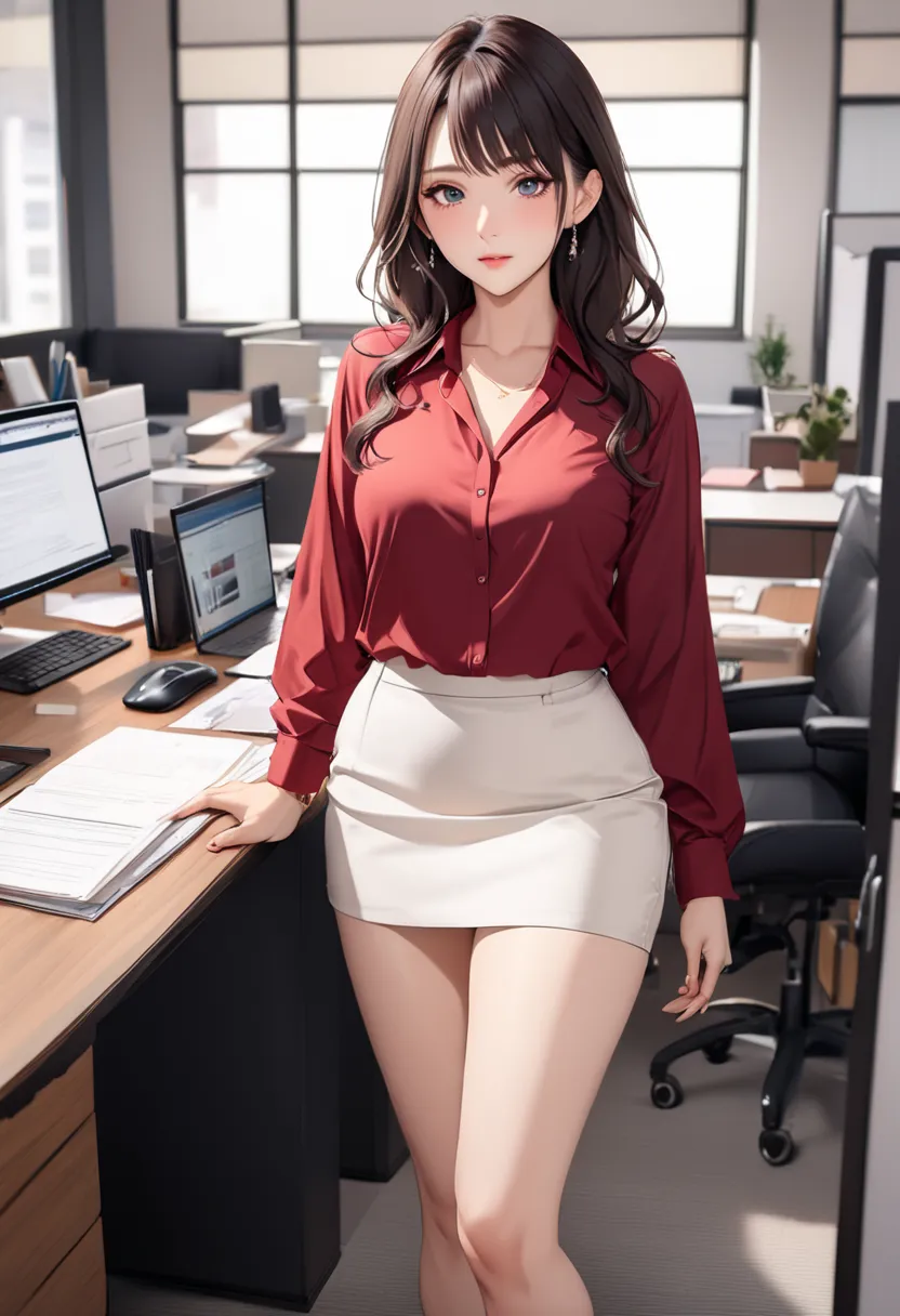 (((masterpiece))),(((High Resolution)))、(((【8k)))、((( perfect face )))、((( Japanese beauty )))、40 years old、(((Beautiful face))), (((office))), (((shirt))), ((mini skirt)), Awkward Expression,  looking at the camera,  high quality eyes, Detail ,  looking a...