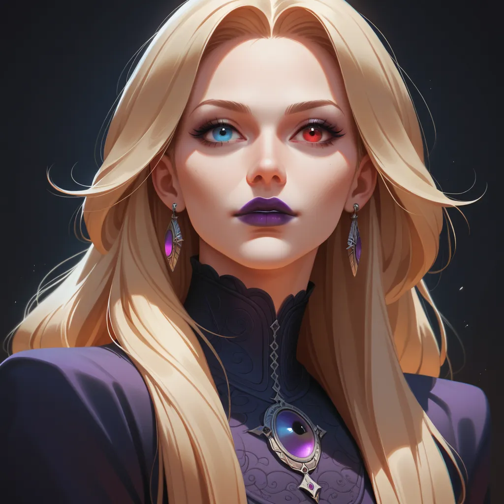 masterpiece,Highest quality,hirudasama,(((40 years old))),(( aunt)), anime,2020s,heterochromia, redeyes,blackeyes,((Purple lips)),blonde hair, very long ponytail,