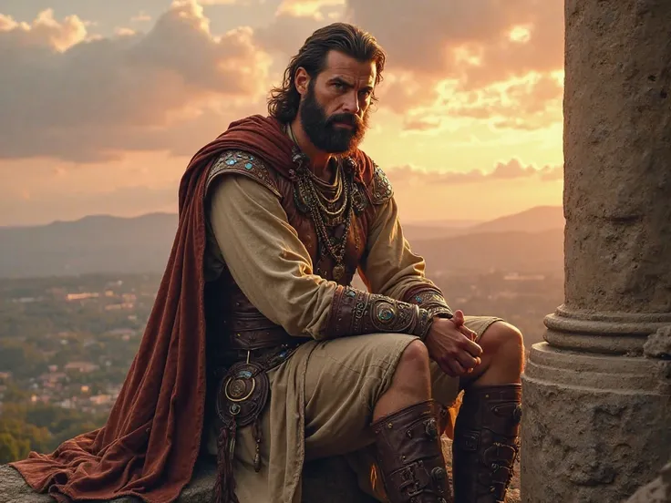 A man, middle-aged, with light brown skin, sits on a rocky outcropping.  He has thick, dark brown hair, a full beard of the same color, and a serious expression. His eyes are looking directly at the viewer. His body build is athletic, and he is dressed in ...