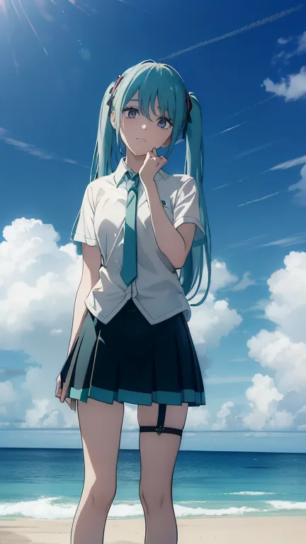 ((((amazing, best quality, Ultra High Resolution)))), (((Hatsune Mikuが ビーチで空が綺麗，)))(((明るいsmile,)))((smile，不適なsmile，大胆なsmile，Mr.々なsmile，turn hands backwards))  (Hatsune Mikuの衣装，Hatsune Mikuのスカート、Hatsune Mikuのヘットセットをつけていsる，Garter belt on leg、Hatsune Mikuの髪留め...