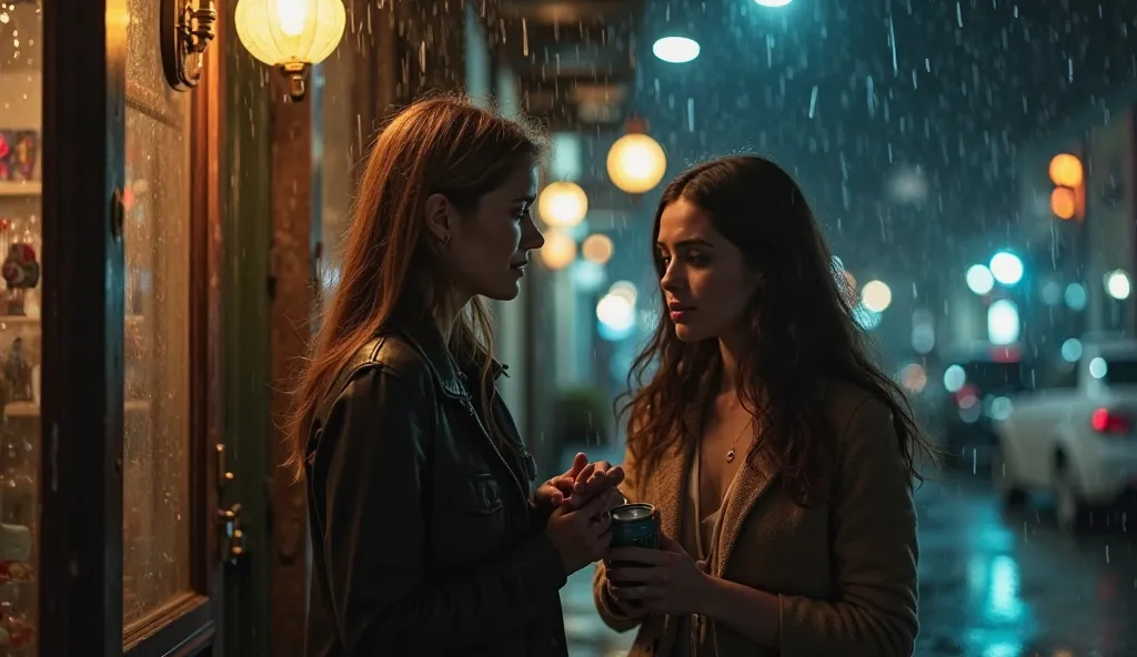 A heart-wrenching, emotional farewell outside the café on a rainy night. Two adult women—Riley (shorter hair, standing at the café door, her back partially turned, tears in her eyes) and Camille (long dark hair, still inside, looking devastated, reaching s...