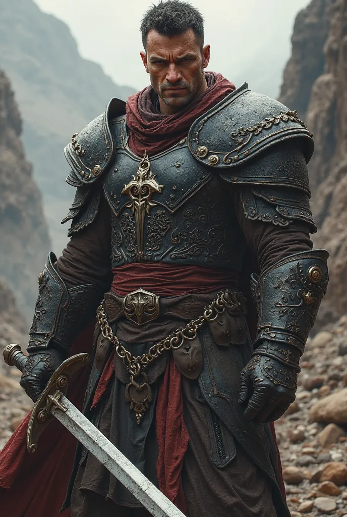 brown man,  SHORT HAIR, brown eyes, armor with black and red details, silver sword 