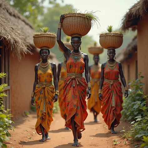  A beautiful  Africa women caring basket on her head in a villag compound 