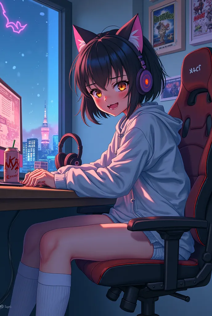 Anime artwork in a vibrant shonen style, 8K resolution. A  anime girl with short tousled dark hair and playful amber eyes lounges on a retro gaming chair. She wears a loose oversized hoodie and knee-high socks, her mischievous grin revealing a slightly cro...