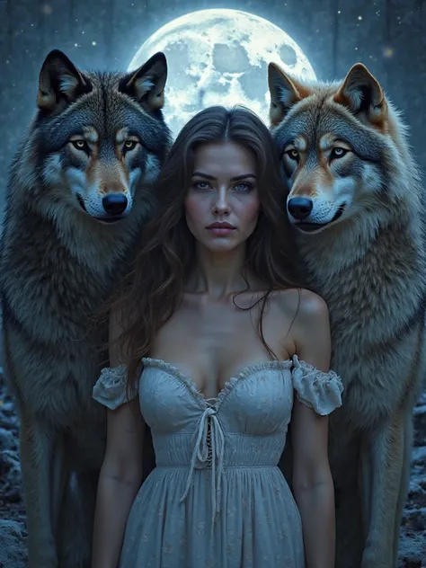 A book cover with a beautiful woman with silver eyes, standing beside her on opposite sides are two powerful alpha men. And the moonlight in the far back with a magestic wolf standing in front of the moon