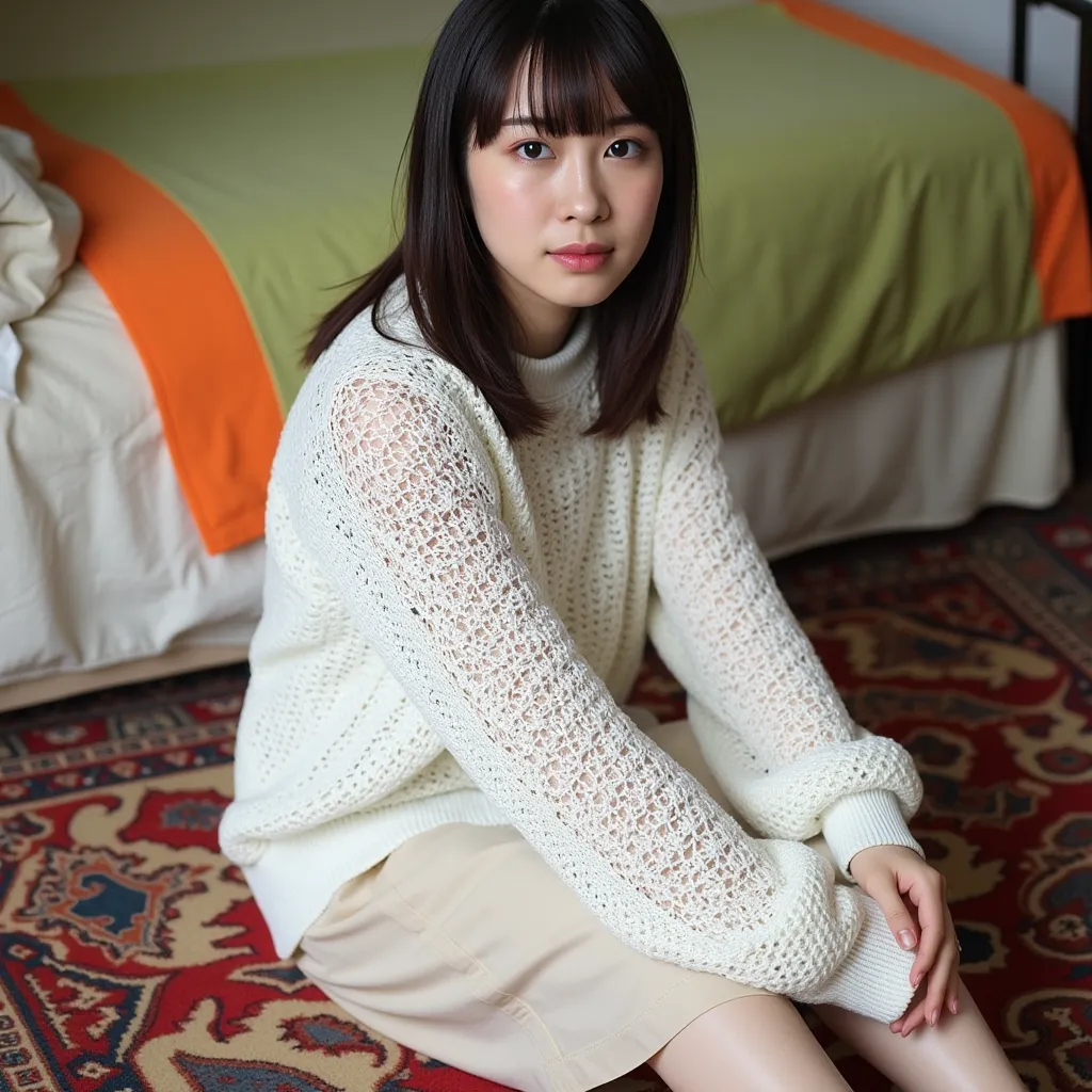 A Japanese woman sitting on a patterned rug with legs crossed, wearing a white, long-sleeved mesh-knit sweater. The background includes a bed with a green and orange blanket. 
