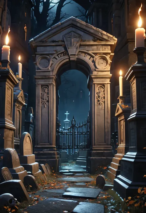 Night Graveyard is shining, A chilling glowing gate at the edge of the Night Graveyard its surface emanating an eerie light that flickers like candle flames casting an unsettling glow over the ancient tombstones and crypts, UHD, retina, masterpiece, accura...