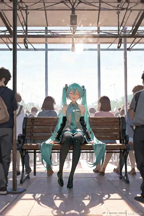 UHD, cinematic, hyper-realistic anime style, Hatsune Miku sitting alone on a bench in a crowded park, surrounded by people but appearing completely isolated. Her expression is distant and sad, as if lost in thought. The background is slightly blurred, with...