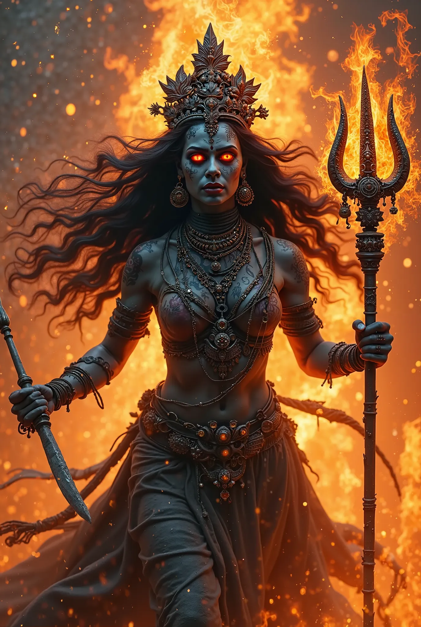 Here's a description of the image:


**One-sentence summary:** The image depicts a fierce and powerful depiction of the Hindu goddess Kali, surrounded by flames, holding a trident, conveying a sense of divine wrath and destructive energy.


**Detailed desc...