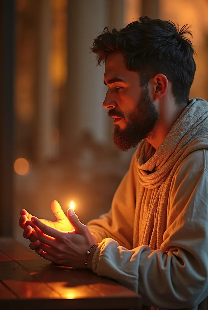 An 8K UHD image of Daniel fasting and praying, with a serene and spiritual atmosphere. The scene is vibrant and uplifting, with detailed textures of Daniel's expression and the glowing light. The background is soft and blurry, highlighting the moment of de...