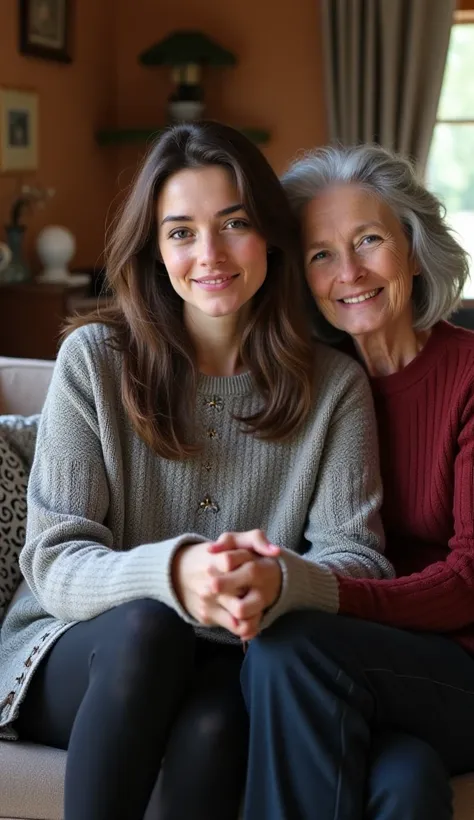 real photo. a female, 33 years old, european, young adult, slim body, small breasts, brunette hair. The girl is very skinny. houses in, woolen knit jacket and black tights, sitting on the sofa with an older woman in a farmhouse