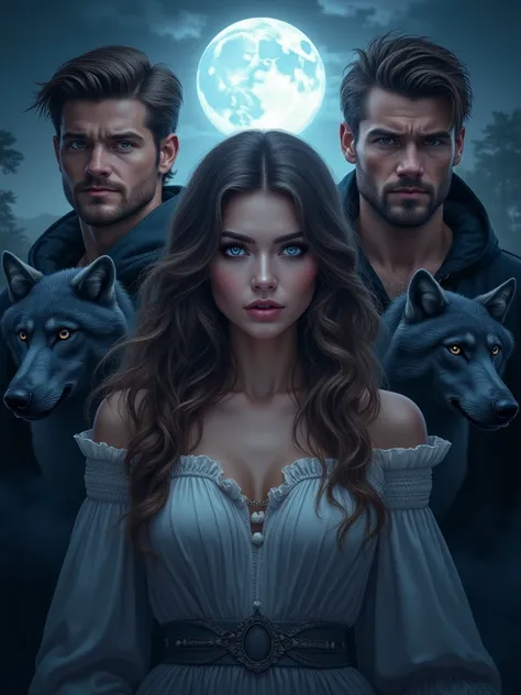 A book cover with a beautiful woman with silver eyes, standing beside her on opposite sides are two powerful alpha men. And the moonlight in the far back with a magestic wolf standing in front of the moon. Write in elegant fonts: Title: Bewitched by moonli...