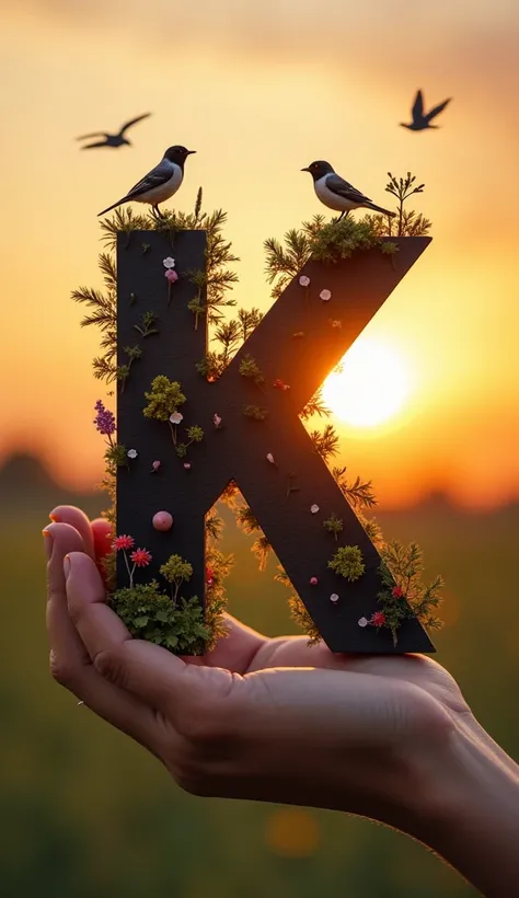 "A serene composition of a bold black letter 'K' held gently in a human hand during sunset. The letter is adorned with miniature landscapes, featuring vibrant flowers, small trees, and perched birds. The warm golden sunlight creates a glowing background, w...