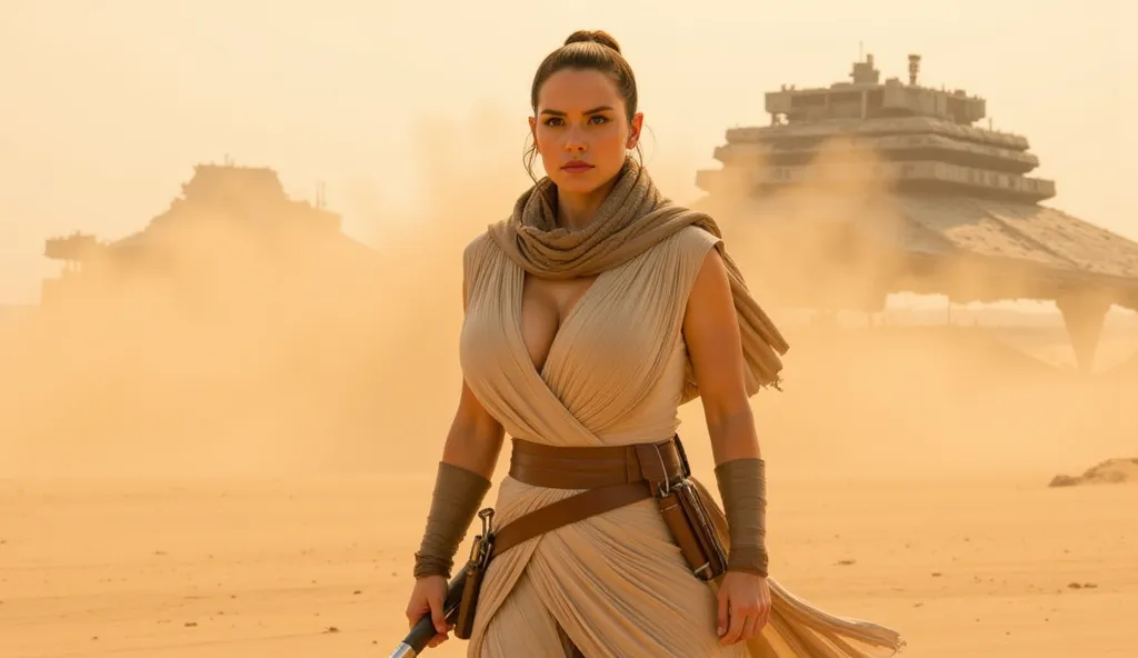 Rey stands resilient and unwavering in the middle of a raging sandstorm on the desert planet of Jakku. Her athletic yet voluptuous figure is partially concealed by her flowing scavenger robes, which are whipped around violently by the howling winds. A roug...