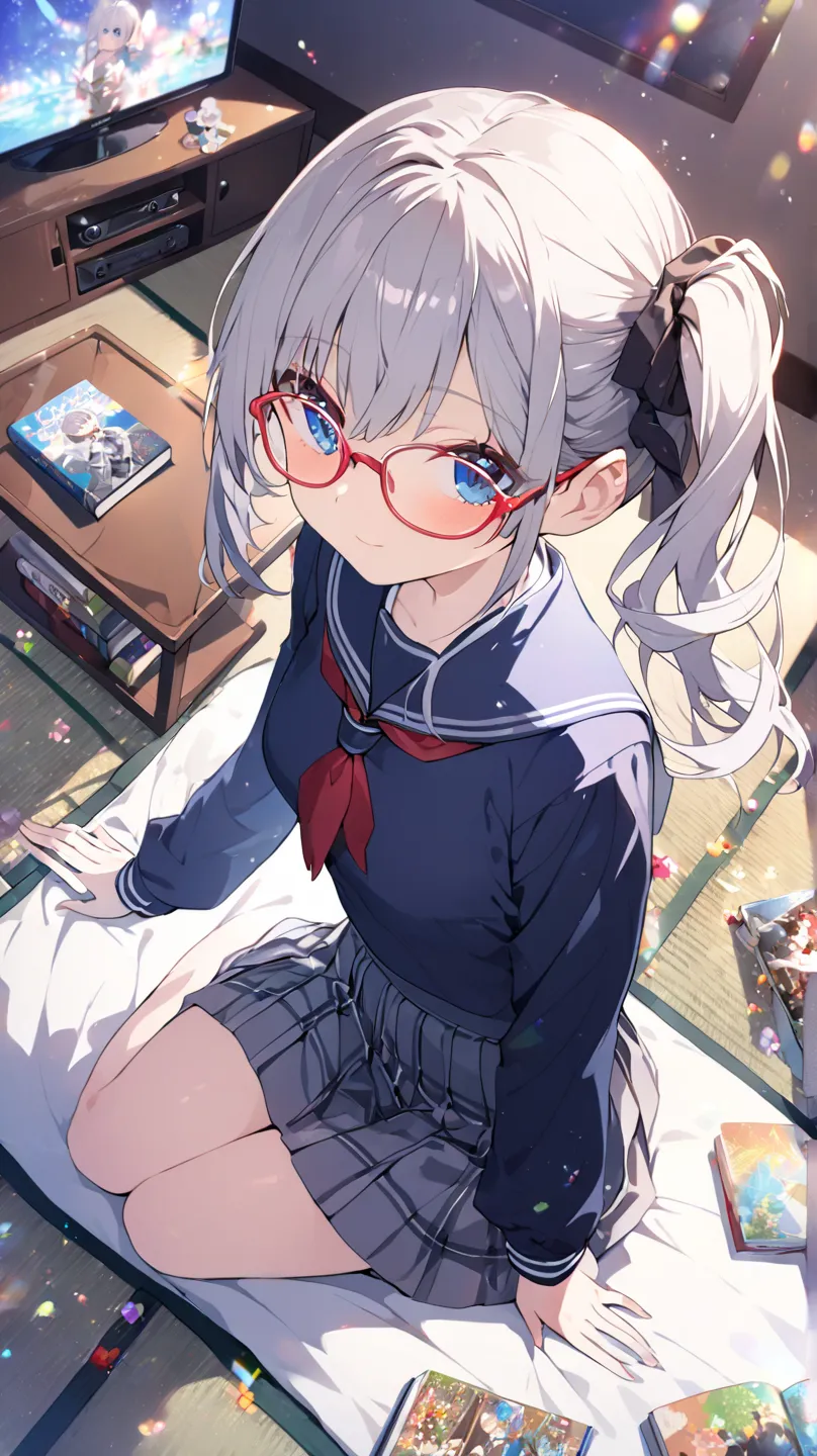 1 girl, room、tv set、Books棚、 table、sit on futon、tatami、Books、flower、Blue Eyes, Grey Hair、 red rimmed glasses、side ponytail、school uniforms、from above、Wide angleショット, Wide angle, Dutch Angle, glitter effect, blurred background, lens flare, 