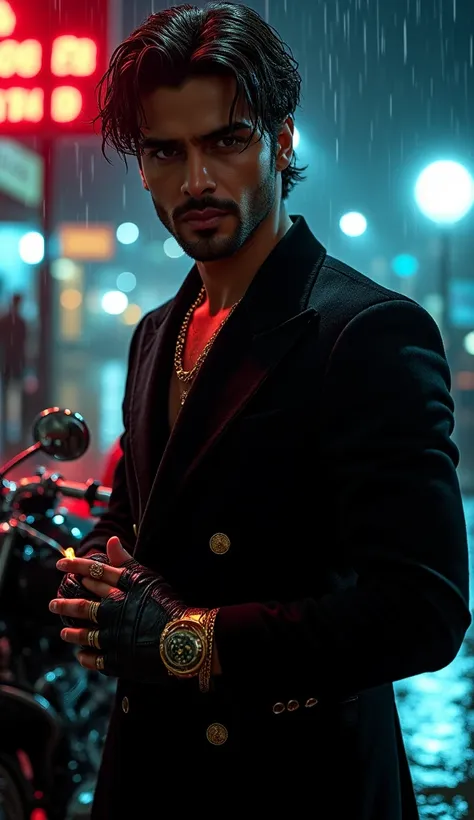 Bollywood Noir Anti-Hero

A darkly charismatic Indian man, exuding a film-noir aura, stands in the rain under a flickering streetlamp, the chrome of his vintage motorcycle glinting nearby. His double-breasted, tailored jodhpuri jacket features velvet lapel...