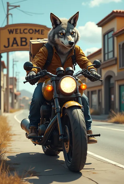 A wolf rides a motorcycle and works in delivering orders. The company logo is Roma Delivery. In front of him is a sign on the road that says Jableh welcomes you