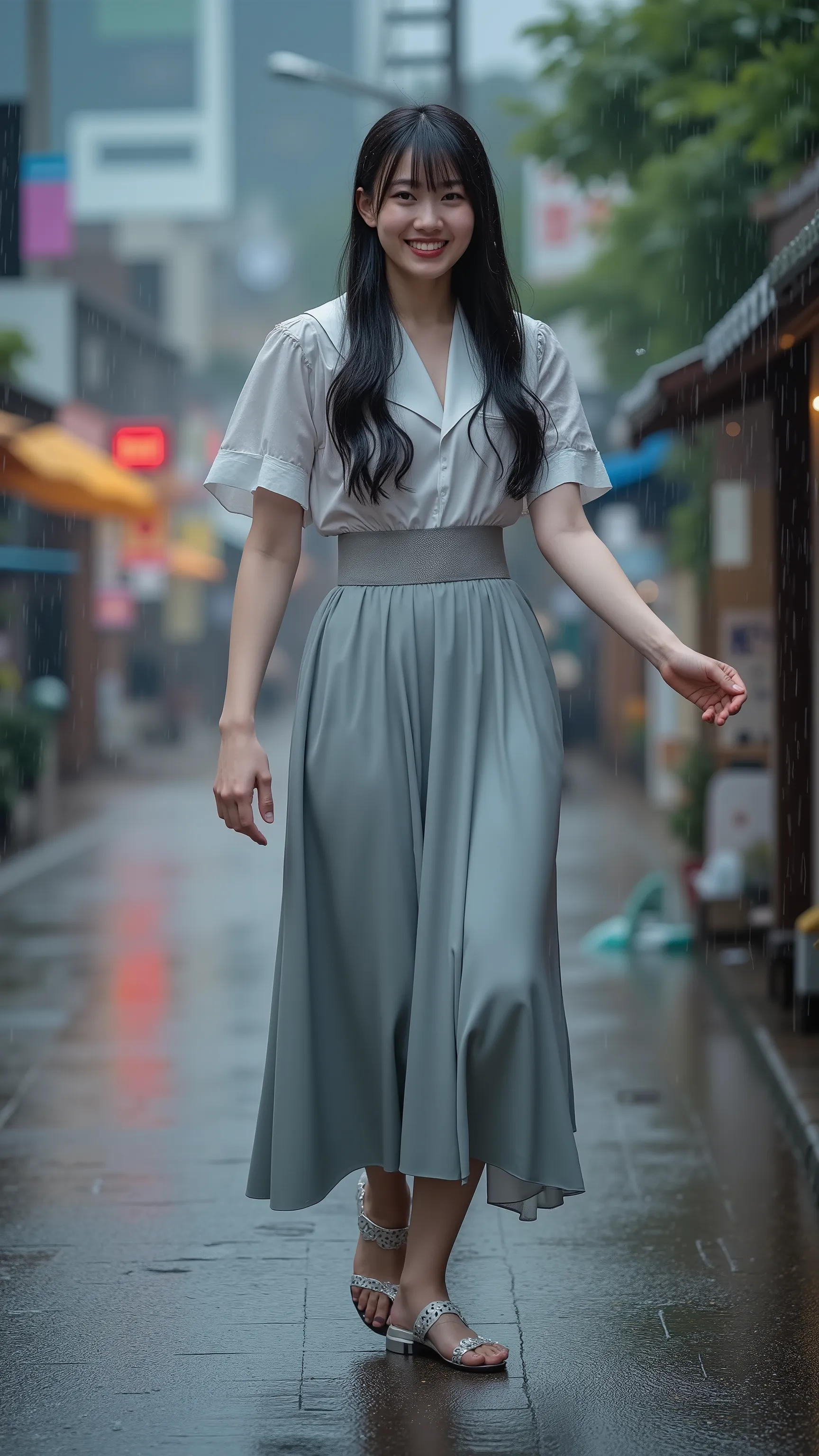 The high resolution photograph of a Japanese young woman, realistic, photo-realistic, masterpiece, best quality, intricate details, extremely detailed, sharp focus, professional lighting, 1girl, joyful expression, standing on the path in the rain, reaching...