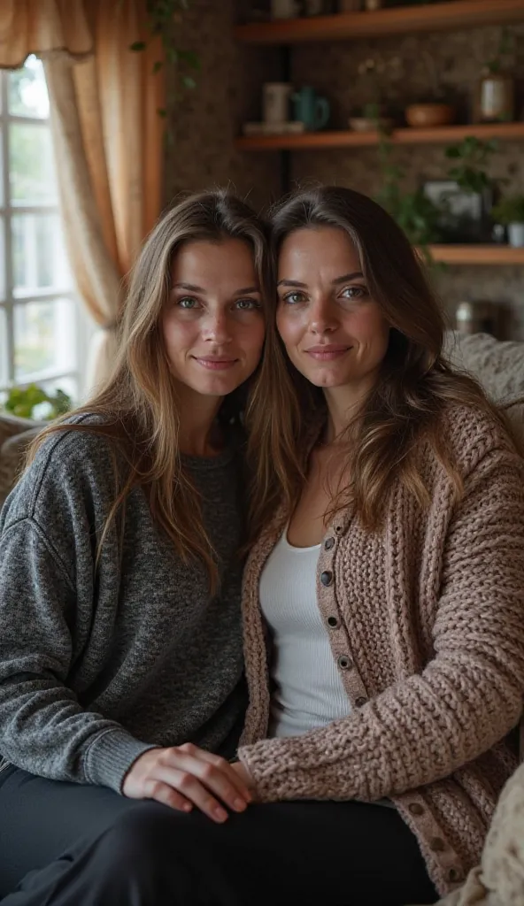 real photo. a female, 33 years old, european, young adult, slim body, small breasts, brunette hair. The girl is very skinny. houses in, knitted wool jacket and black tights, sitting on the sofa with an older woman in a farmhouse