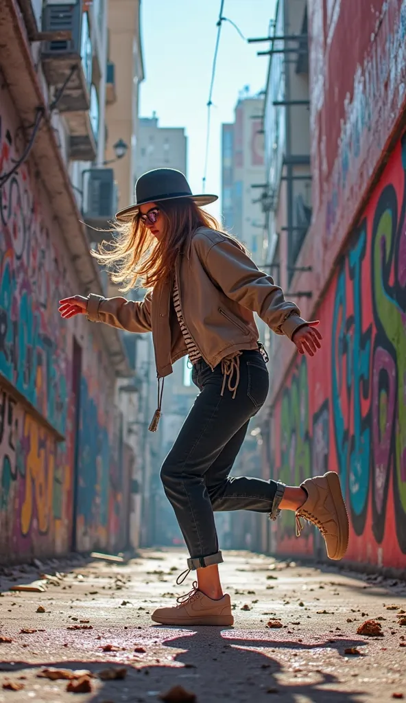 Create a visually captivating image of a girl dancing the shufle dance in a graffiti-covered urban alleyway. The girl is dressed in trendy street style clothing, with a cityscape backdrop behind her. The music playing is electronic, setting the tone for he...