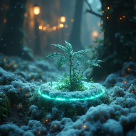  the glowing eyes of mysterious animals peek through the trees, there is a small turquoise thin ring on the hemp, glows with magical light, magic is circling around the hemp, , fairy tale, Night,  fairy lights , in the background, a snowy forest. 