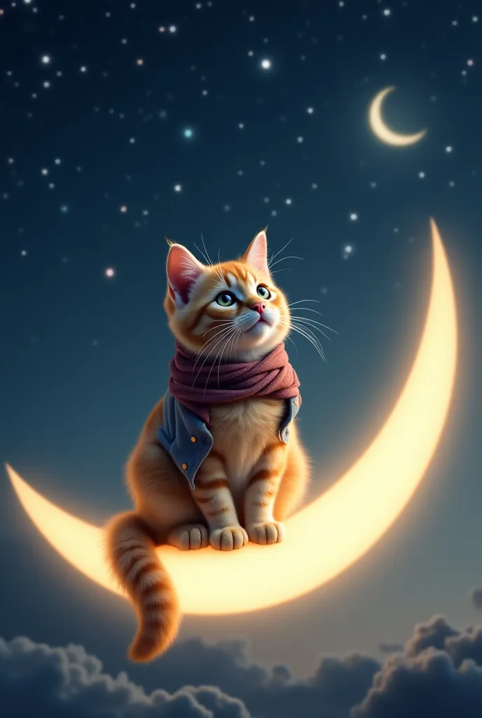 A cute, fluffy cat sitting gracefully on a glowing crescent moon, wearing elegant yet simple attire—a soft, flowing scarf and a stylish vest. The cat gazes into the distance with a serene and dreamy expression. The night sky is vast and filled with twinkli...