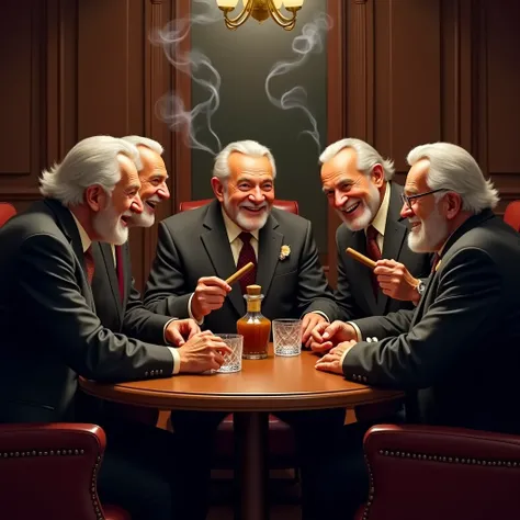  A FUN GROUP OF OLD MEN IN A CIGAR ROOM FULL OF SMOKE LAUGHING