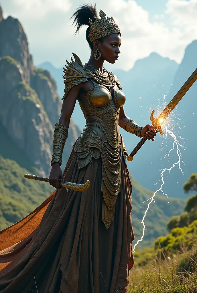 An African woman with a sword in her hand, a crown of her head and her other hand manipulating lightning.