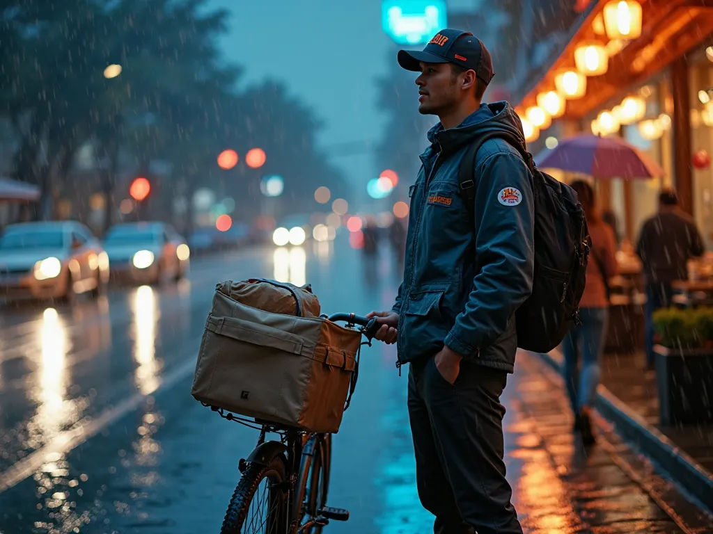 A young delivery guy named Alex, in his mid-20s, wearing a branded delivery jacket with a hood and a cap, stands on the roadside at night, waiting to receive an order. His bicycle, a sleek black delivery bike with a small food carrier attached, leans besid...