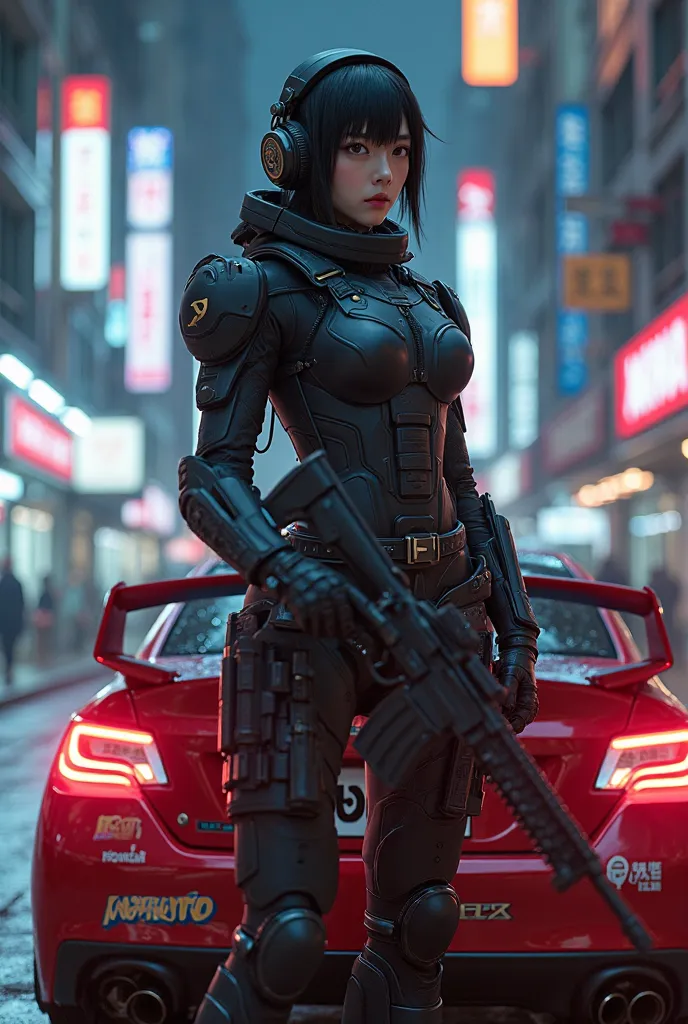 photograpy of a beautiful Korean mecha woman wearing a black exosuit with the text "RIPTO", very futuristic, tactical pants, headphones, carrying a Dragunov rifle. standing in front of a futuristic metallic red Subaru Impresa car, gold rims, turbo engine, ...