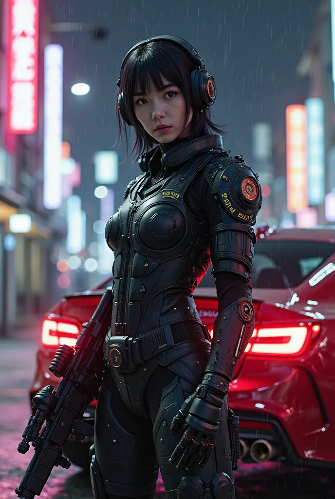 photograpy of a beautiful Korean mecha woman wearing a black exosuit with the text "RIPTO", very futuristic, tactical pants, headphones, carrying a Dragunov rifle. standing in front of a futuristic metallic red Subaru Impresa car, gold rims, turbo engine, ...