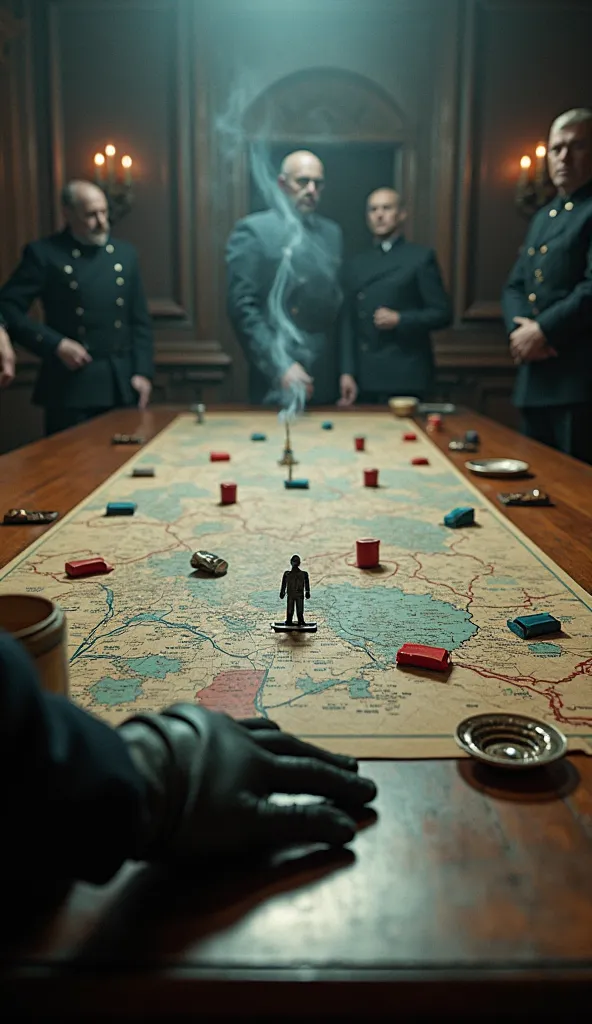 "POV shot from above a massive wooden table, covered in a war map with red and blue markers. A gloved hand moves a game-piece-like figure forward on the board, signifying an imminent decision. The room is dimly lit, the scent of tobacco lingers, and the ai...