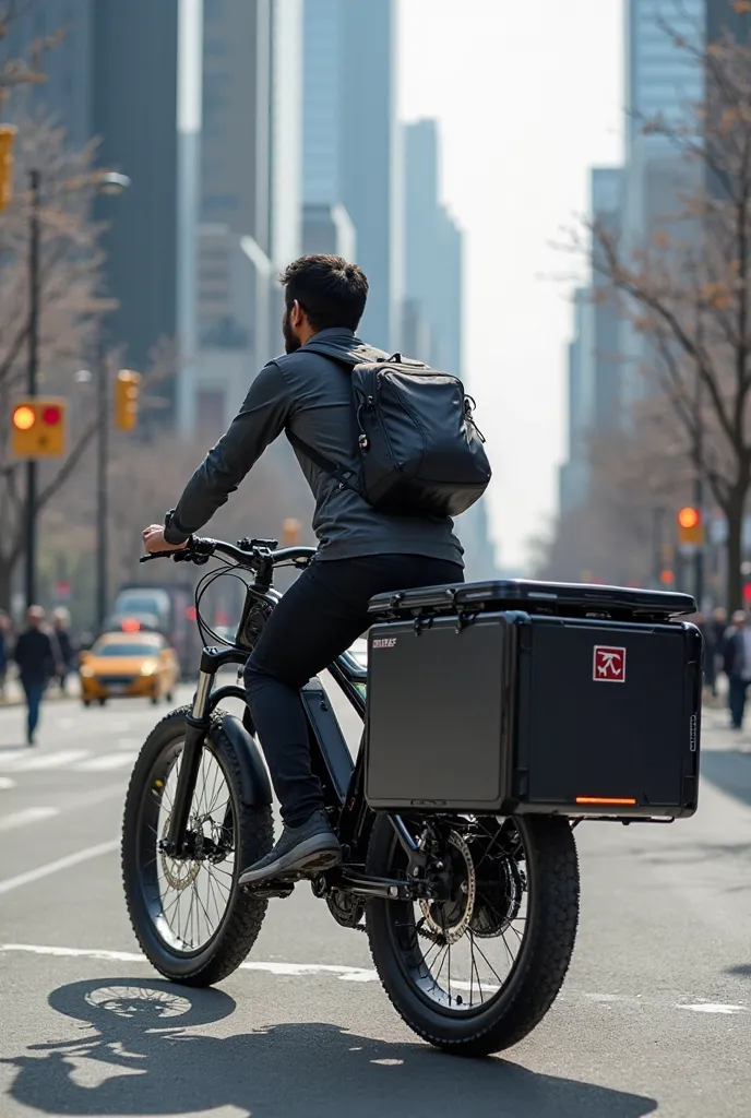 A realistic e-bike that has a solar and a bag for delivery at the back part. make the solar visible and the bag for delivery make it big