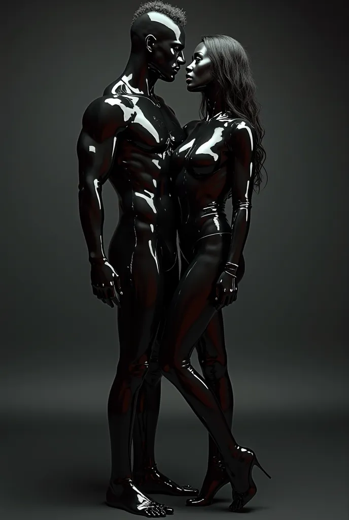 sexy woman and man in fully-body black latex catsuit that also covers hands, feet, face and head and follows shape of all body parts