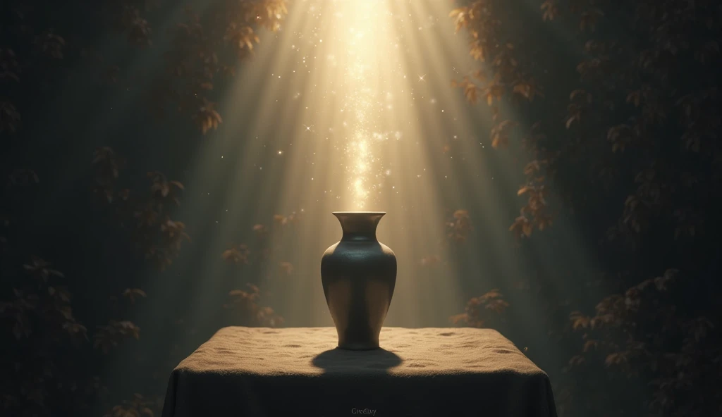 A dark setting with a vase of ashes on a table illuminated by a heavenly light,  with rays of light descending from the sky