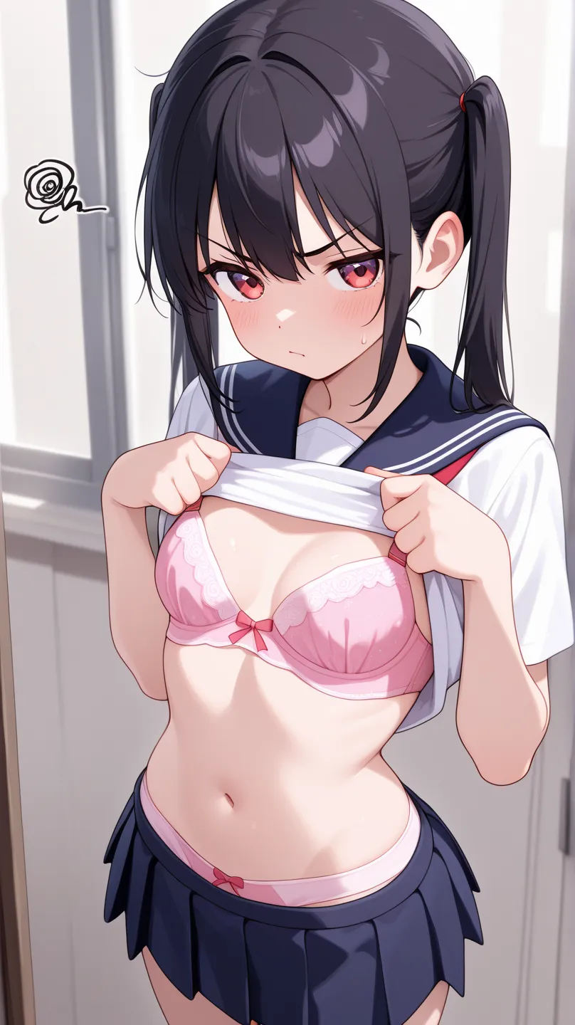 Lift clothes to chest、 twin tails、 school uniforms、 slightly angry face、 small breasts、  pink bra、 look at this sideways 、miniskirt、 panties visible 