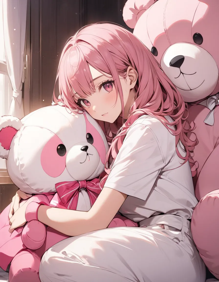 pink,Large stuffed animal,woman