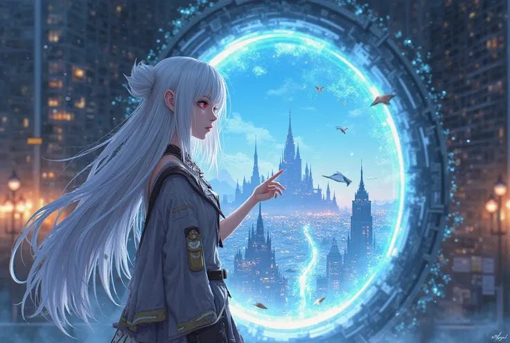 **2D anime cover description:**  

A white-haired girl aged 18-20 with long hair and red eyes stands in front of a magic portal. Around her is a modern city in muted colors, а внутри портала — bright фэнтезийный мир с замками, portal with flying islands an...