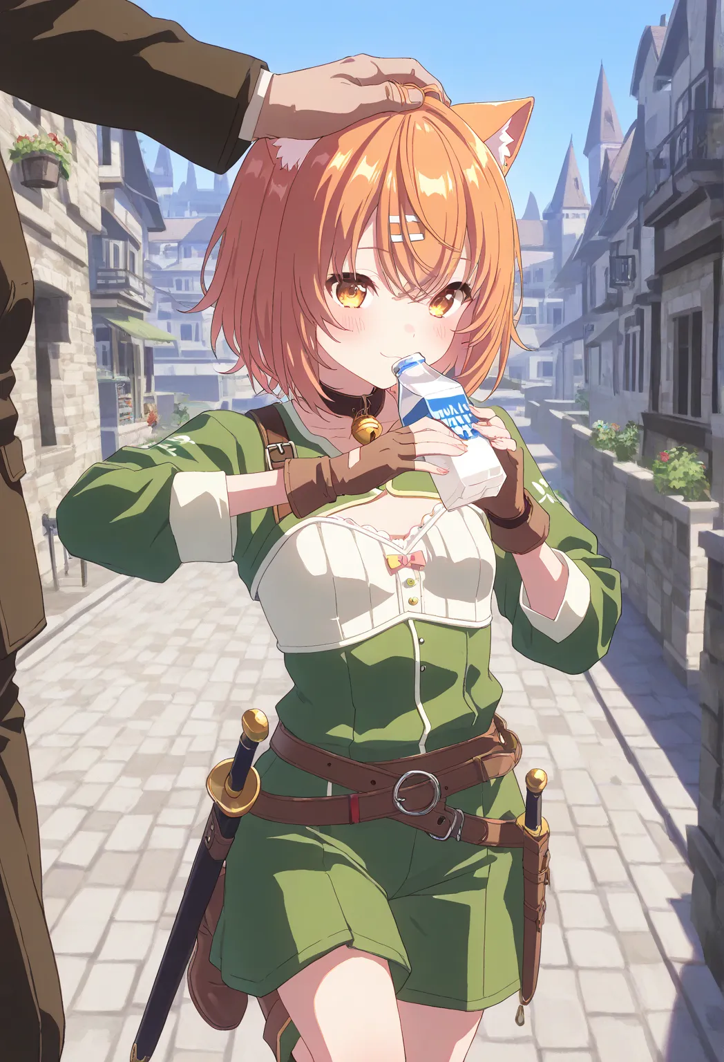 very awa, masterpiece, best quality, newest,  highres, aburdres、fantasy world、nap　nekoma、nap　nekoma　virtual YouTuber、cat girl 、 short hair、burgundy hair、 is opening、Cute single tusk、  very small breasts 、collar and bell  、Green costume、 Brown Leather Belt ...