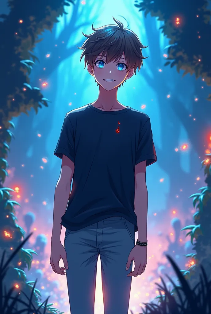 a 19 year old man, brown hair, bright blue eyes ,  black t-shirt, gray pants, smiling, Bleeding in the color blue color cobalt blue, art anime 3d