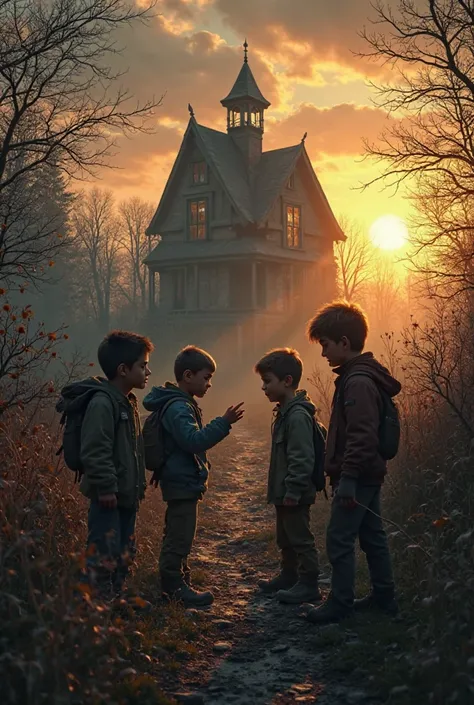 At twilight, a group of boys excitedly discussing their plan. The haunted house looms in the distance, its dark silhouette adding to the suspense.