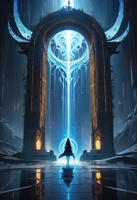 A mysterious glowing gate stands tall radiating an eerie pulsating light that seeps through its intricate ancient design, Beyond the gate a luminescent warp hole shimmers with a surreal glow creating a vortex of swirling colors and ethereal light, In the f...