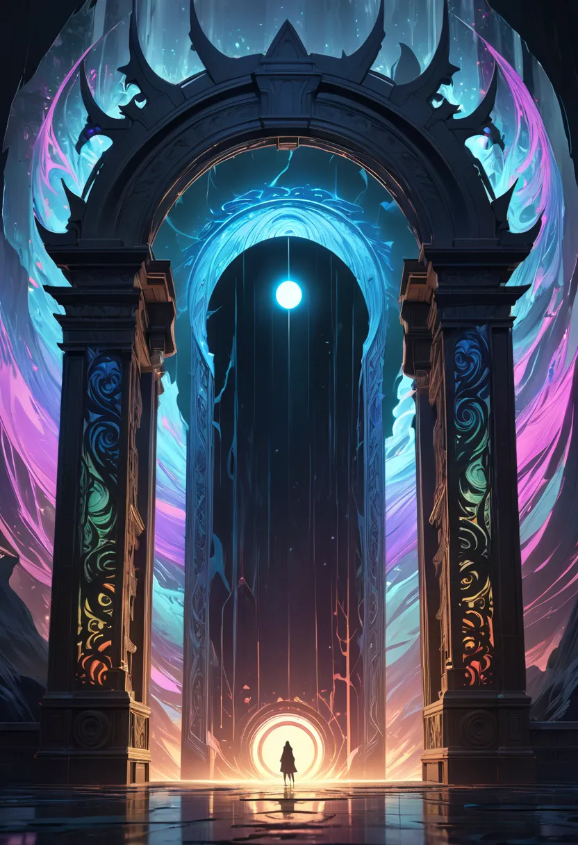 A mysterious glowing gate stands tall radiating an eerie pulsating light that seeps through its intricate ancient design, Beyond the gate a luminescent warp hole shimmers with a surreal glow creating a vortex of swirling colors and ethereal light, In the f...