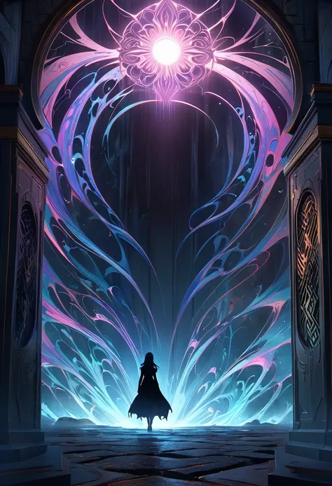 A mysterious glowing gate stands tall radiating an eerie pulsating light that seeps through its intricate ancient design, Beyond the gate a luminescent warp hole shimmers with a surreal glow creating a vortex of swirling colors and ethereal light, In the f...