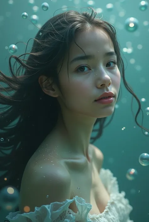 This girl, Beautiful with curly hair 2b ,  at the bottom of the sea, with bubbles around it 