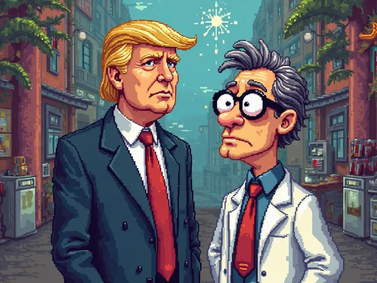 Draw Donald Trump in pixel art as if he were a character from Monkey Island or Day of the Tentacle he has to appear with Bernard from Day of the Tentacle