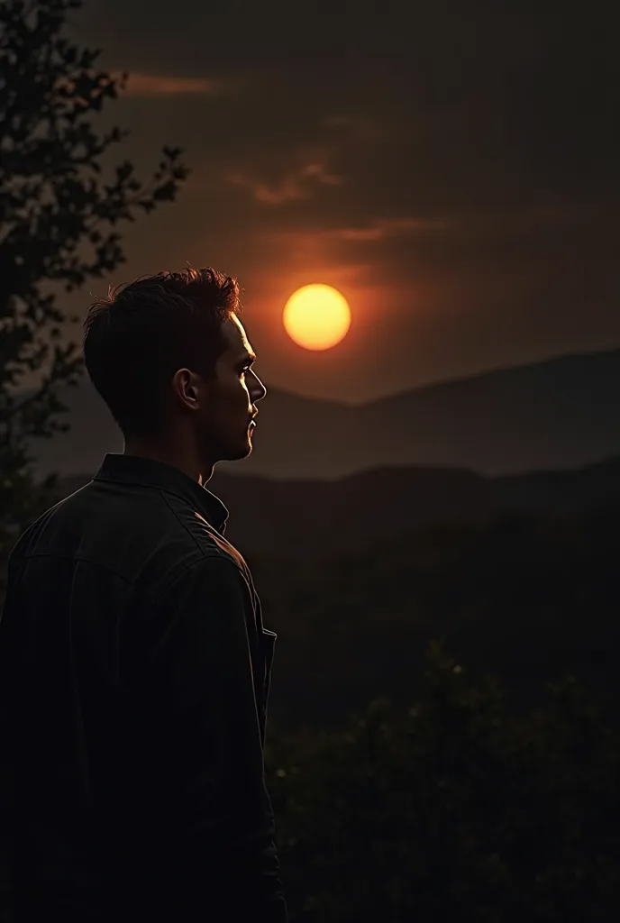 Man looking at seting sun with black background
