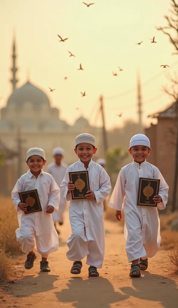 "A group of small young boys, dressed in traditional white panjabi, pajama, and caps, are walking towards the mosque in the early morning, holding Noorani Qaida books in their hands. They have innocent and joyful expressions, excited for their Quran lesson...