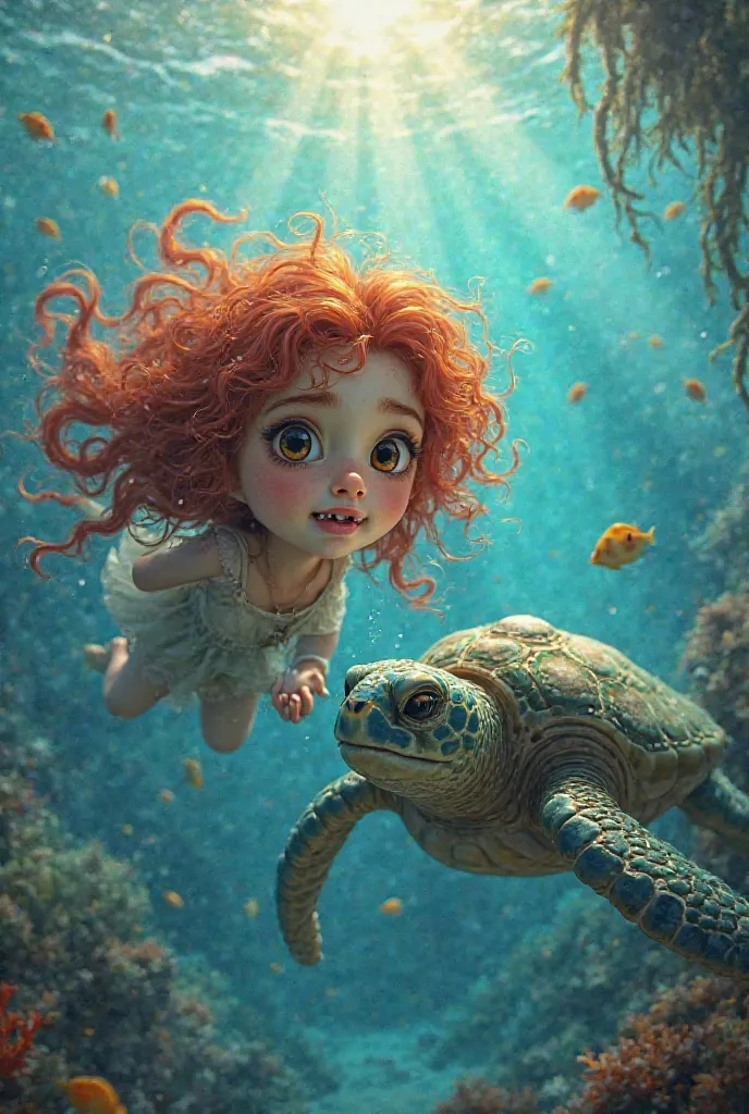 young girl with long curly red hair with brown eyes and Fang,His friend green dragon, Swim with a turtle in the sea